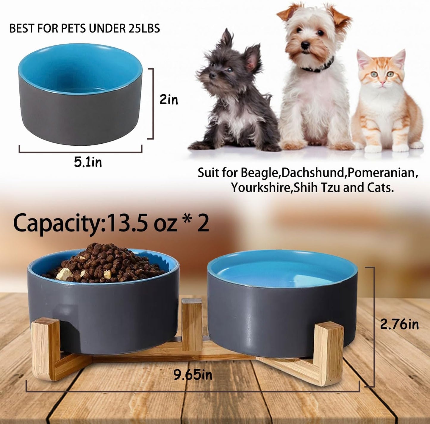 Petygooing Heavy 5.1 in Ceramic Cat Dog Bowls Set with Wood Stand for Food and Water, Non-Slip Cute Modern Pet Dish for Small Size Dogs and Cats (13.5OZ) Medium Sized Dogs (28OZ) Grey Blue