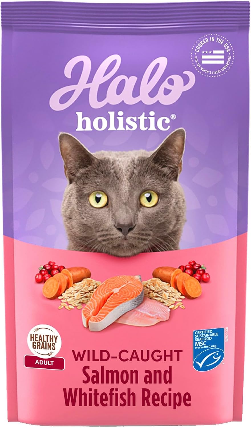 Halo Holistic Cat Food Wild Caught Salmon & Whitefish Formula, Healthy Grains Dry Cat Food, Complete Digestive Health, Kibble for Adult Cats, 3 lb Bag