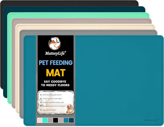MateeyLife Dog & Cat Food Water Mat for Floors Waterproof, Nonslip Pets Bowl Feeding Mats with Raised Edges, Silicone Matt Tray for Messy Drinkers, 18"x12", Teal