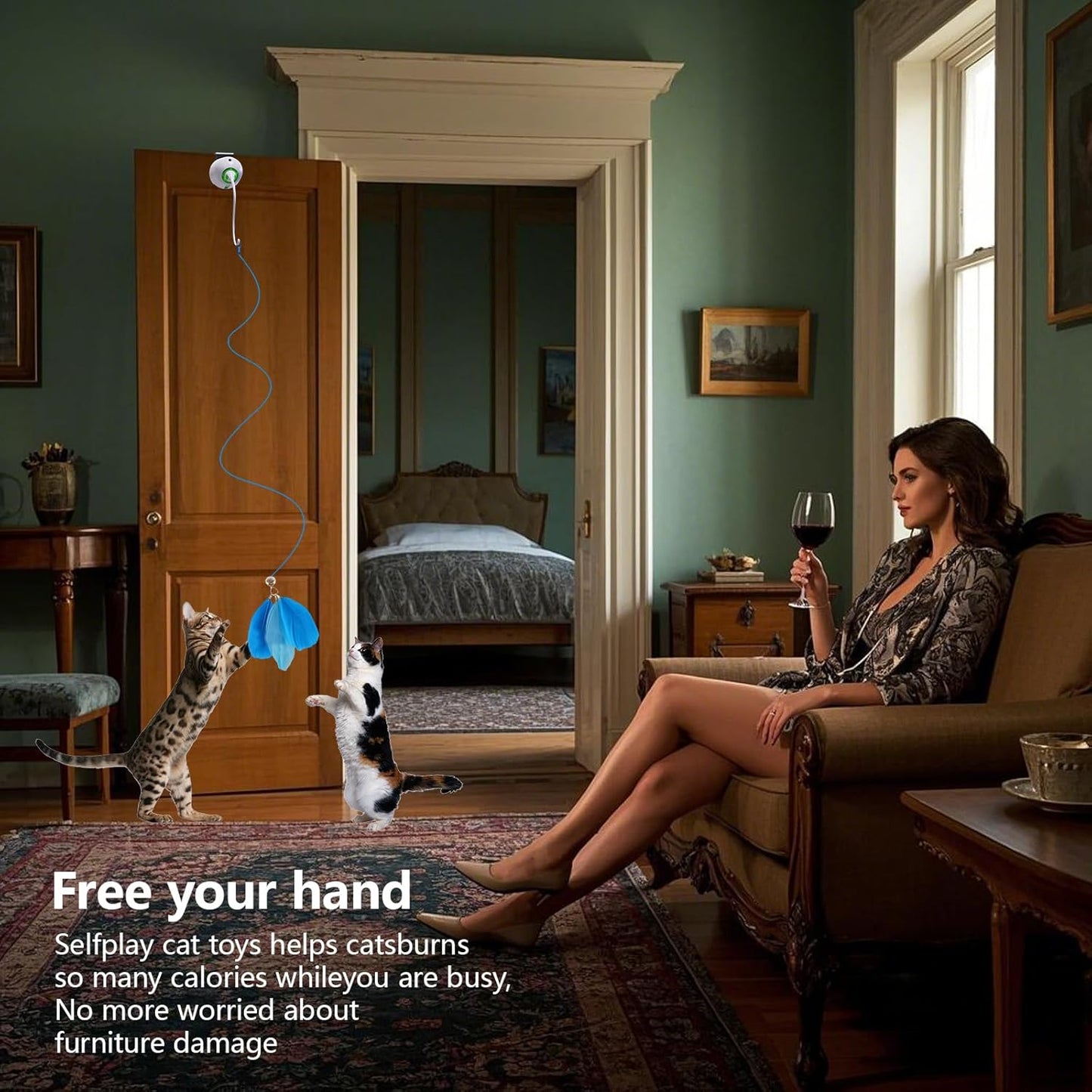 Cat Toys Hanging Door Electric and Moving Ball, Cats Toy Interactive for Indoor for Bored Feather Toys Kitten Rechargeable Door Hanging Automatic Retractable String（White）