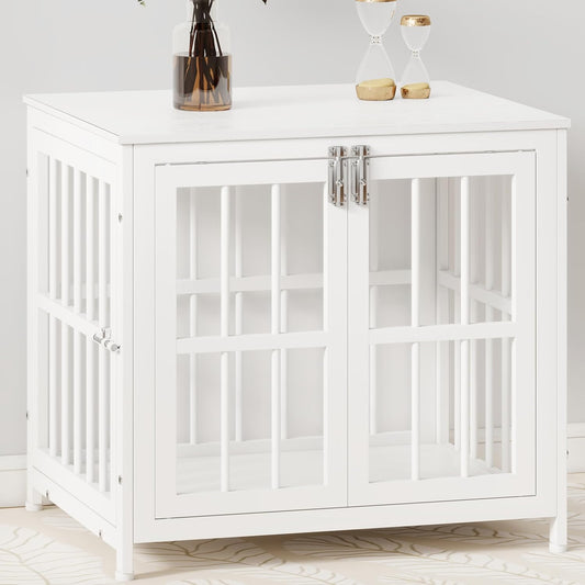 26 Inch Heavy Duty Wooden Dog Kennel End Table with Double Door Design and Secure Locks, Indoor Pet Crate Furniture for Small Dogs, Decorative Home Cage Design,White