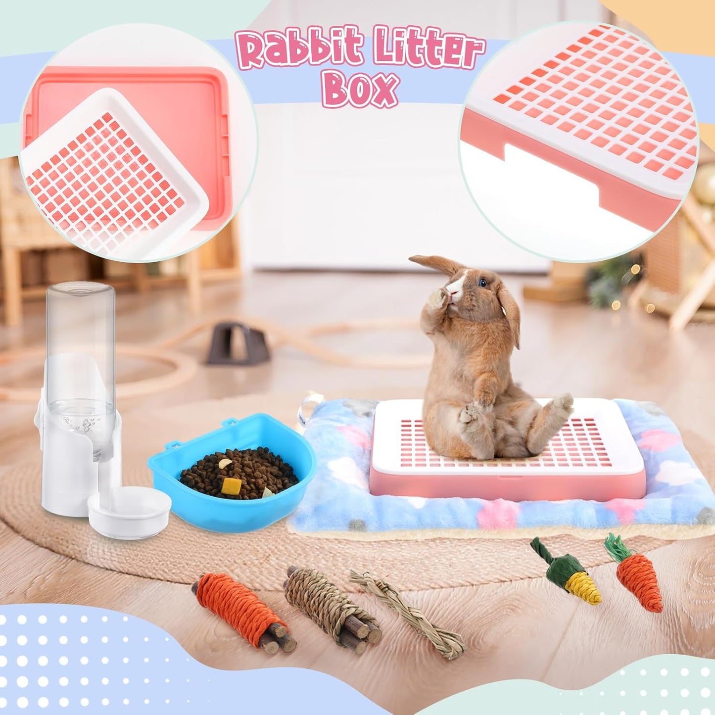 19 Pcs Rabbit Starter Kit Small Bunny Litter Box Rabbit Grooming Kit Water Bottle Bunny Toys Hay Feeder Bowl Blankets with Cleaning Set for Guinea Pig Accessories (Pink-White,Strawberry Bear)