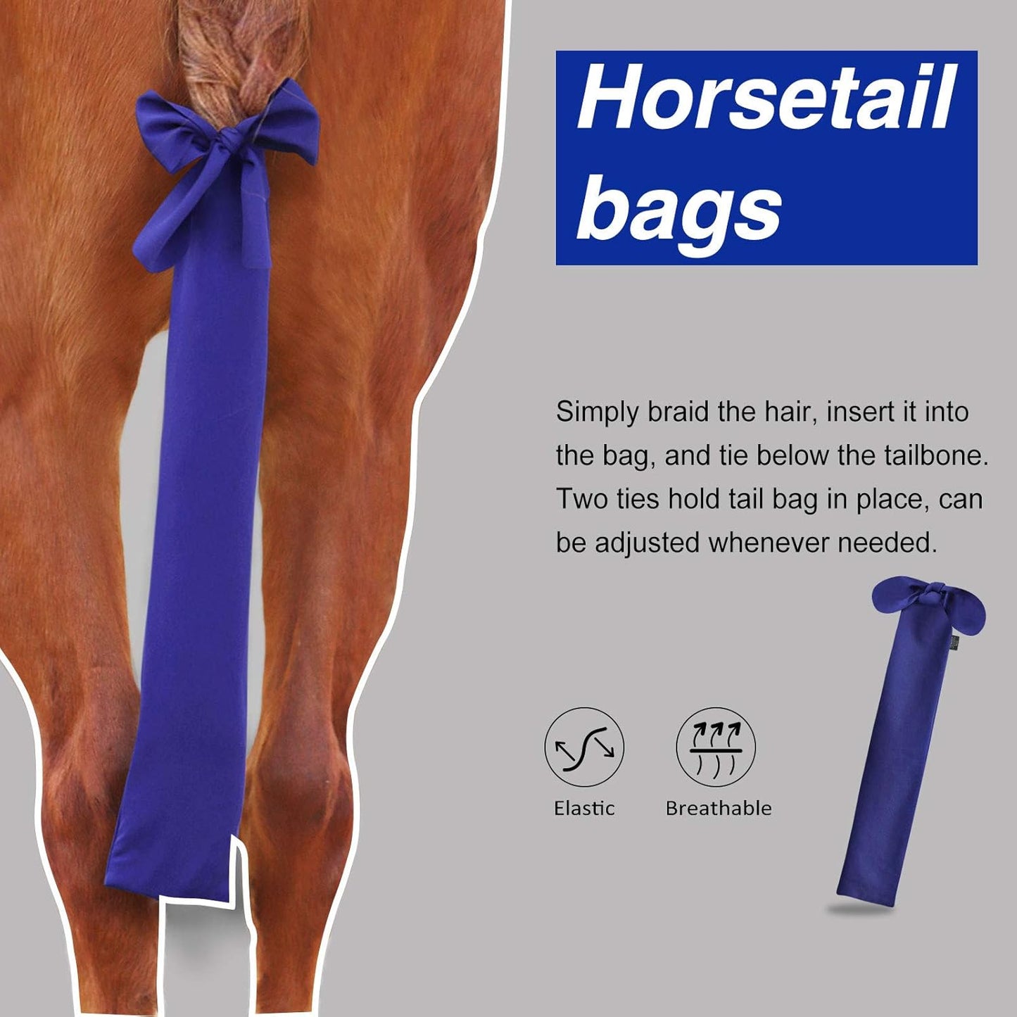 Harrison Howard Stretchy Tail Guard - Breathable Horse Tail Protection, Slip On Design, 2 Strand Closure Straps, 22" L Length - Navy