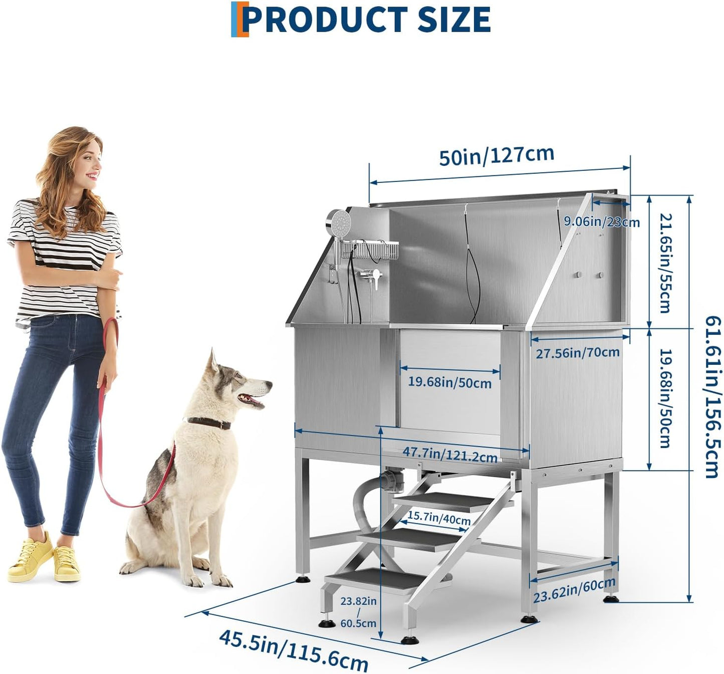 50" Stainless Steel Professional Dog Washing Station - Pet Bathing Tub w/Non-Slip Stairs | Slip-Resistant Floor Grate | for Large/Medium/Small Dogs