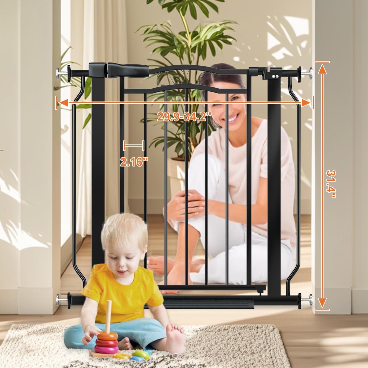 30" Tall Narrow Baby Gate for Doorways No Drill 29.5-33.8" Wide, Auto Close Press Mounted Baby Gate Indoor for Kids, Walk Through Pet Gates for Stairs, Black