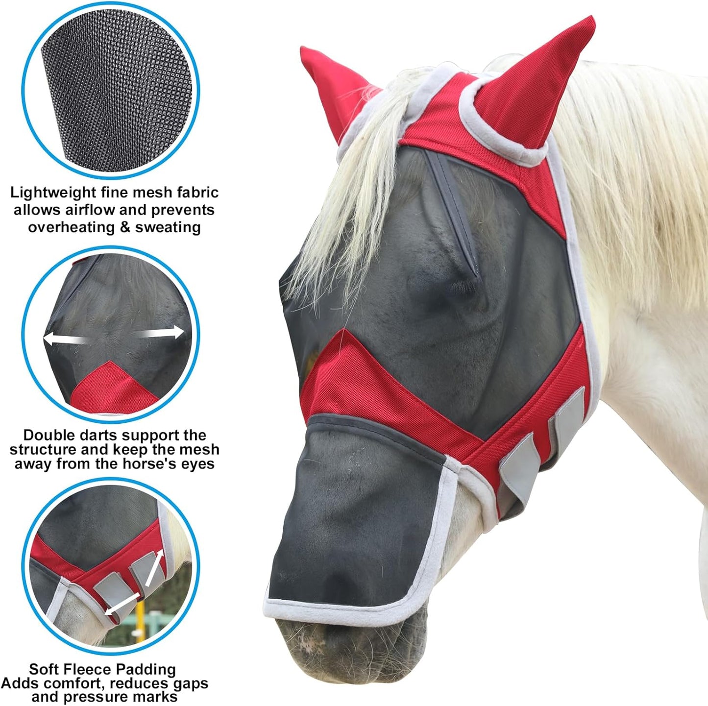Horse Fly Mask with Ears & Long Nose Cover | Forelock Opening for Tangle-Free Mane Care | UV Protection & Breathable Mesh | No Rub Fit and Enhanced Visbility for Trail Riding Red Pony