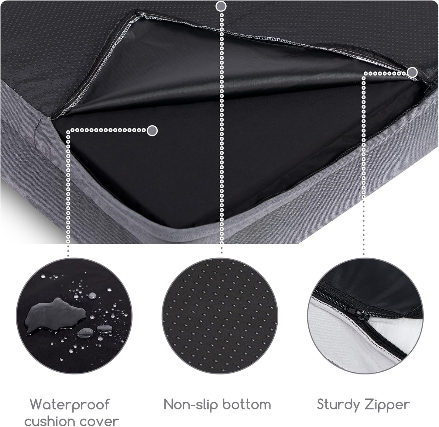 Hollypet Orthopedic Dog Bed for Large Dogs, Supportive Foam Pet Couch with Removable Washable Cover and Non-Slip Bottom, Waterproof Lining Dog Sofa Bed, Gray, L (36 * 26 * 8)