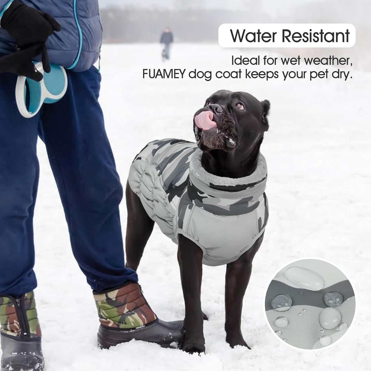 FUAMEY Dog Coat for Large Dogs,Waterproof Dog Winter Jacket with Harness Built in Puppy Cold Weather Coats Reflective Pet Vest with Zipper Warm Fleece Dogs Snowsuit Windproof Grey Camo XL