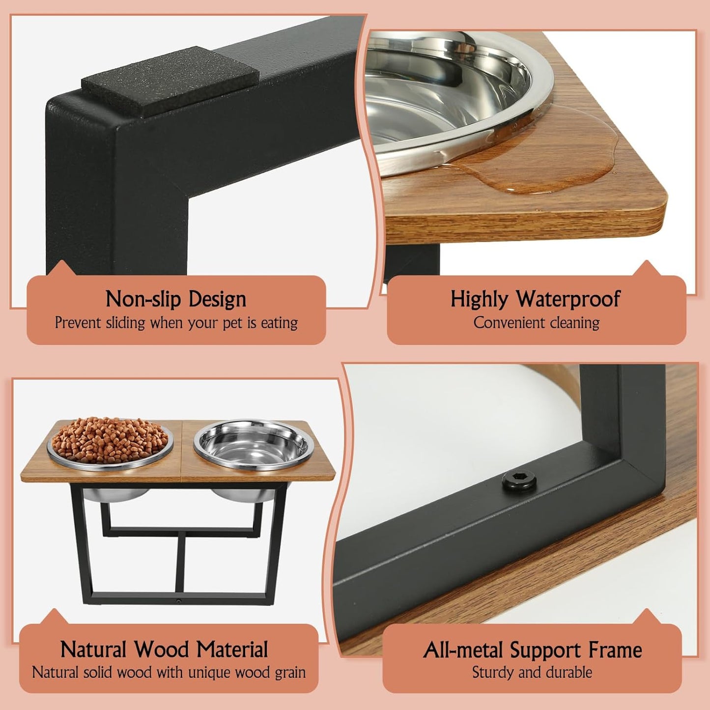 Elevated Dog Bowls for Large Dogs, Raised Dog Bowl Stand with Two X-Large Stainless Steel Bowls for Dogs, 3.5L Capacity, Rustic Walnut