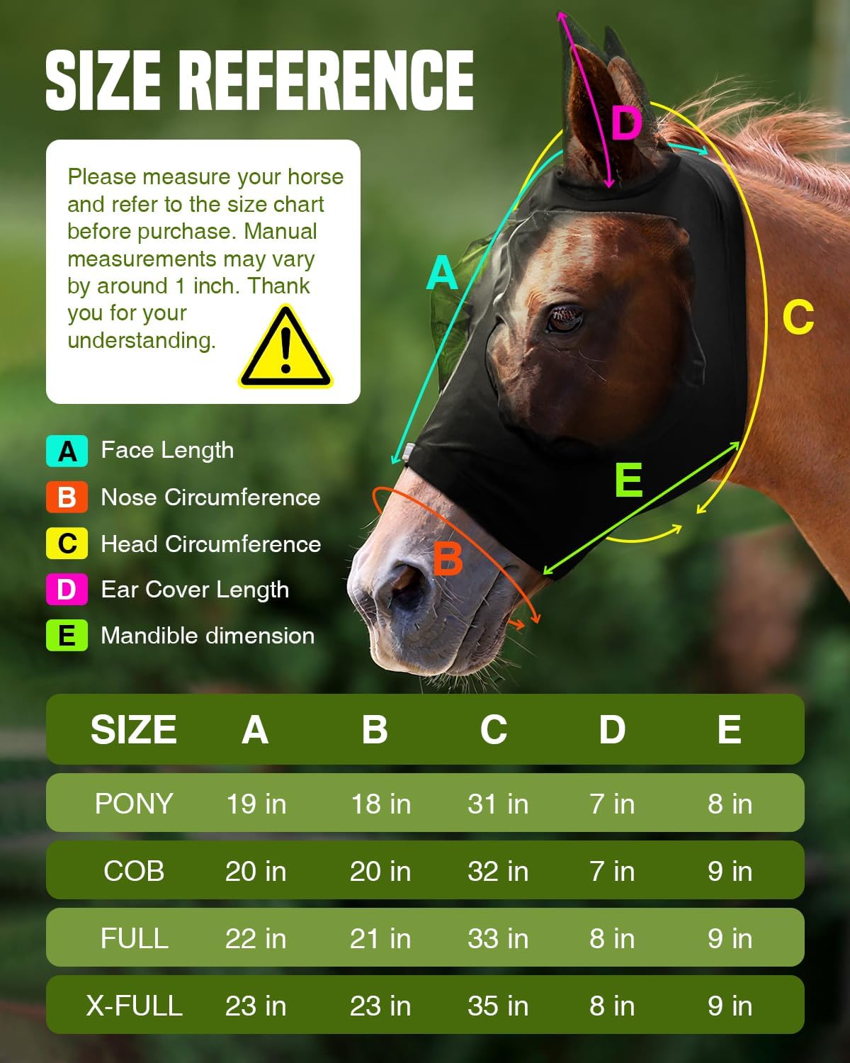 JWODVNTH Fly Masks for Horses with Ears - Large Eye Space, Comfort, UV-Block - Horse Fly Mask for Daily Stable, Hot Weather Riding, and Competition - Full, Black