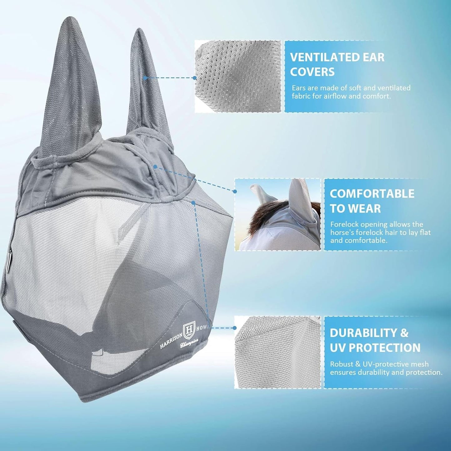 Harrison Howard UV-proof Multi-Function Fabrics Thick Fleece Padding Horse Fly Mask Half Face with Ears Original Grey Horse Large