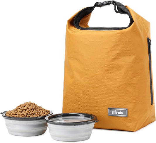 Pet Food Storage Bag,Dog Food Travel Bag with 2PCS Collapsible Dog Travel Bowls,Waterproof Kibble Storage Container(Yellow, Small)