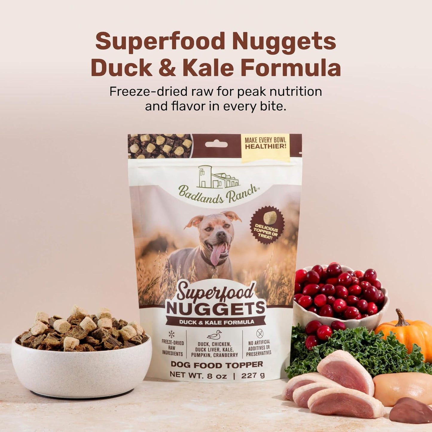 BADLANDS RANCH Superfood Nuggets- Premium, Freeze-Dried raw Dog Food Topper or Treat. Powerful Nutrient-Dense Ingredients. No Artificial additives. Duck and Kale Formula 8oz - 4pk Bundle
