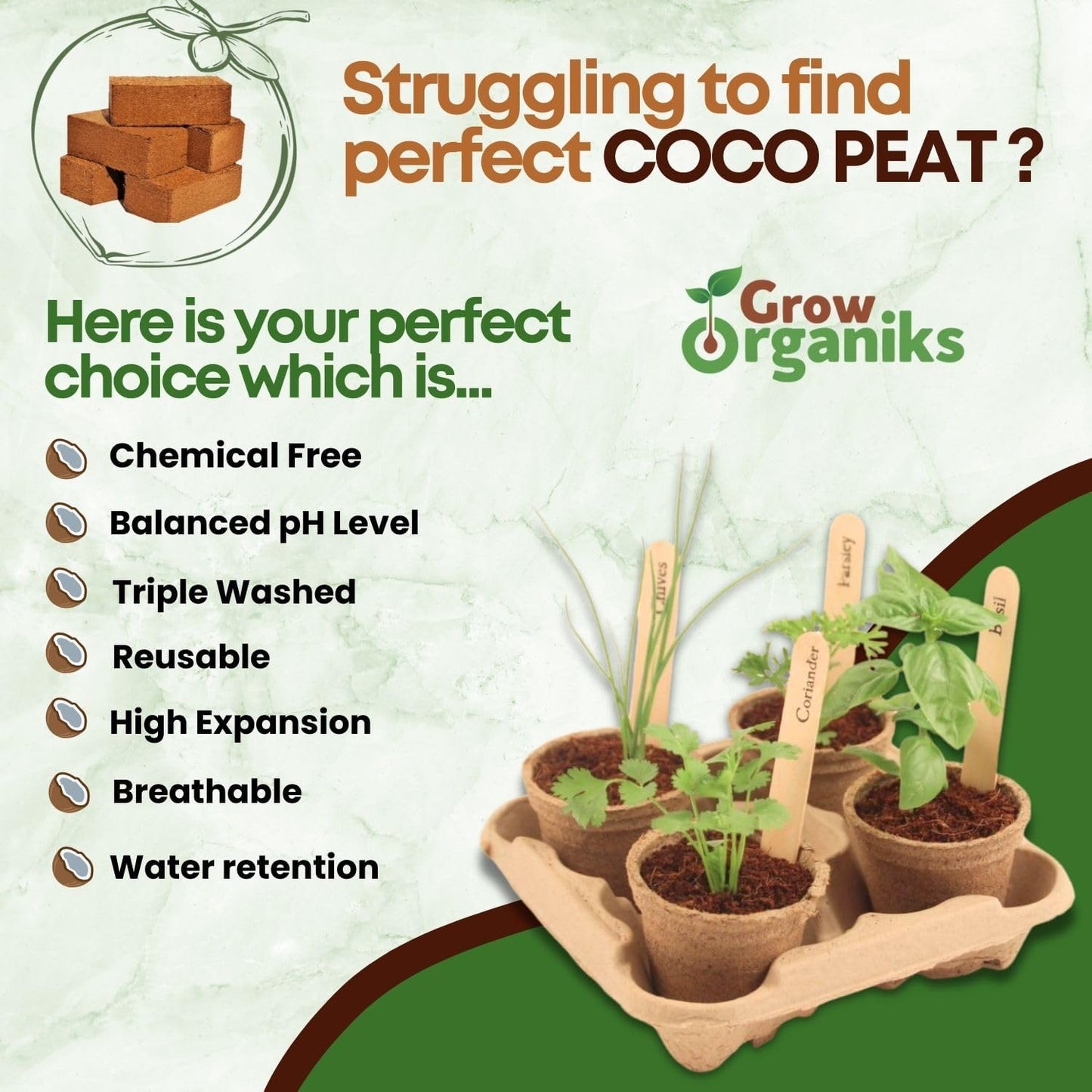 4 Pack Premium Coco Coir Brick for Plants | 100% Organic Compressed Coconut Coir Bricks Starting Mix, Coco Coir Fiber Coconut Husk for Planting, Gardening, Potting Soil Substrate, Herbs, 1.4 LB/Brick