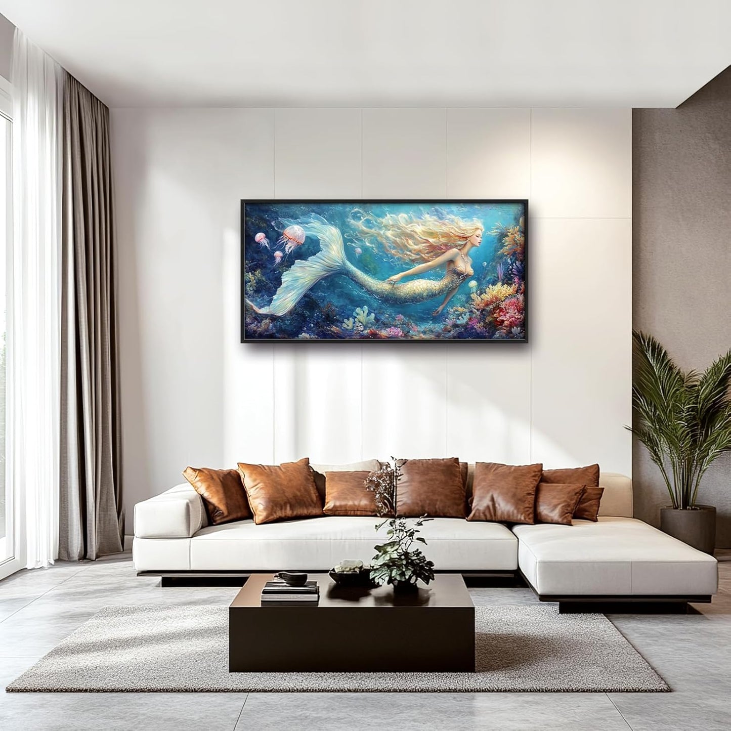 Extra Large Framed Mermaid Wall Art,Oversized Undersea Ocean Wall Decor,Colorful Coral Reefs Pictures for Living Room,Elegant Canvas Print Painting Modern Artwork Bedroom Bathroom 60L x 30W
