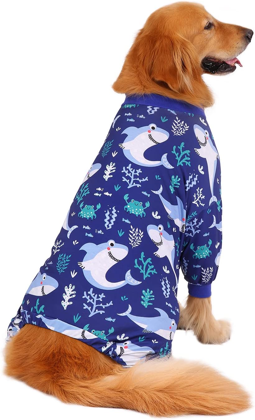 HDE Dog Pajamas One Piece Jammies Jumpsuit Pet Clothes Outfit Stretchy Lightweight Comfy Shirt Pjs for M-3XL Dogs Sharks - XL