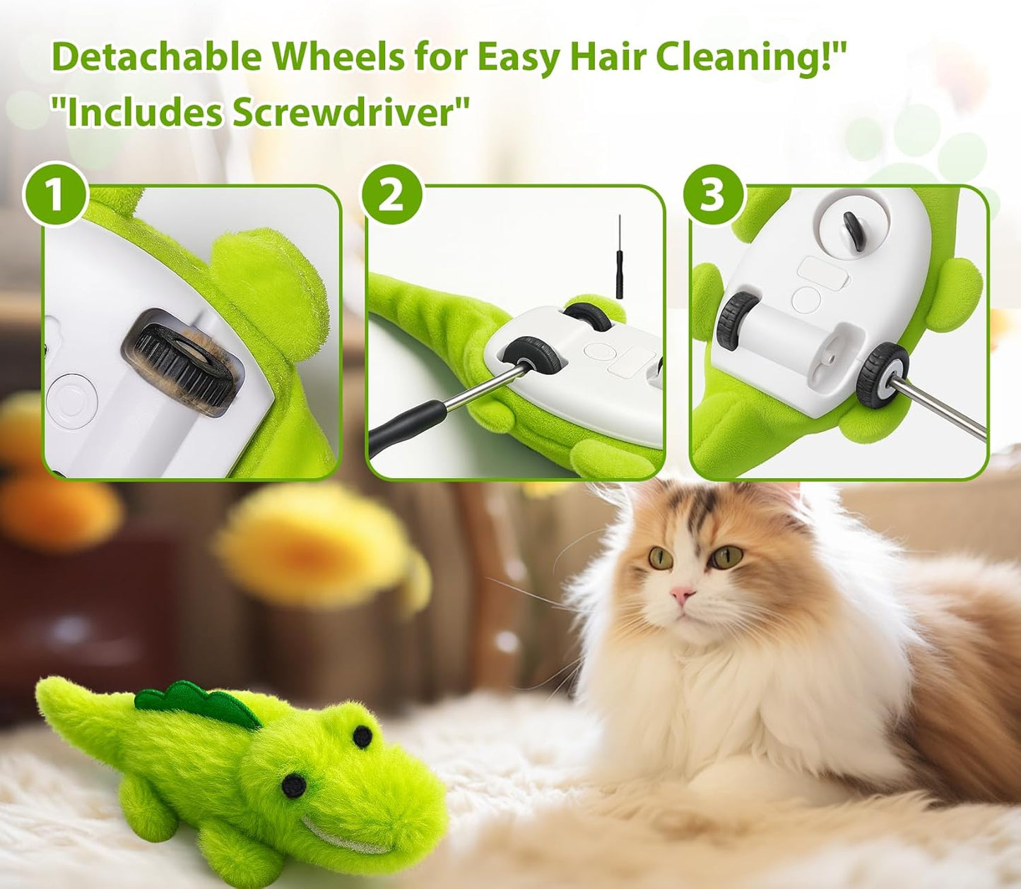 Interactive Cat Toys for Indoor Cats - Automatic Moving Cat Chase Toy for Bored Indoor Adult Cats - 360° Random Movement, Tail Wagging & Catnip Stimulation - Electric Croc(Long Plush)