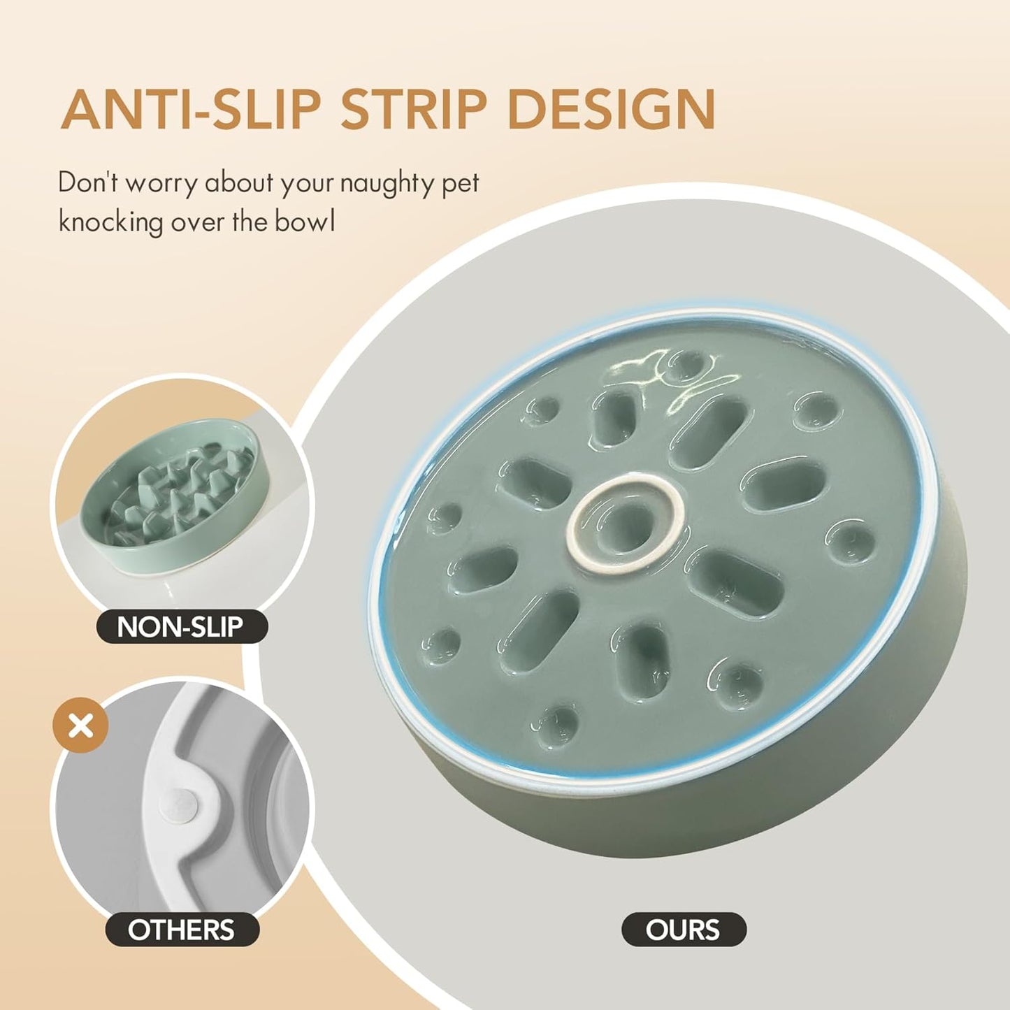 Ceramic 9.5 inch Dog Bowl Slow Feeder, Slow Pet Food Dish for Large Dog, Stop Bloat, Preventing Choking(Single Bowl,Light Green)