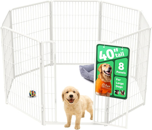 FXW Homeplus Unleashed Indoor Dog Playpen - Stress-Free and Safe Play, Heavy Duty 40 Inch 8 Wire Panels Dog Pen for Medium and Large Dogs, White│Patented