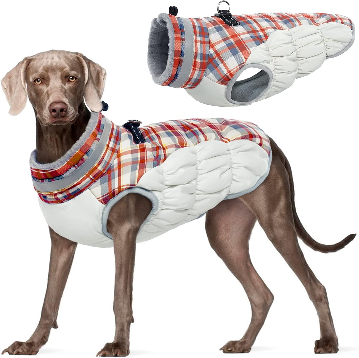 FUAMEY Dog Coat for Large Dogs,Waterproof Dog Winter Jacket with Harness Built in Puppy Cold Weather Coats Reflective Pet Vest with Zipper Warm Fleece Dogs Snowsuit Windproof Red Plaid XL