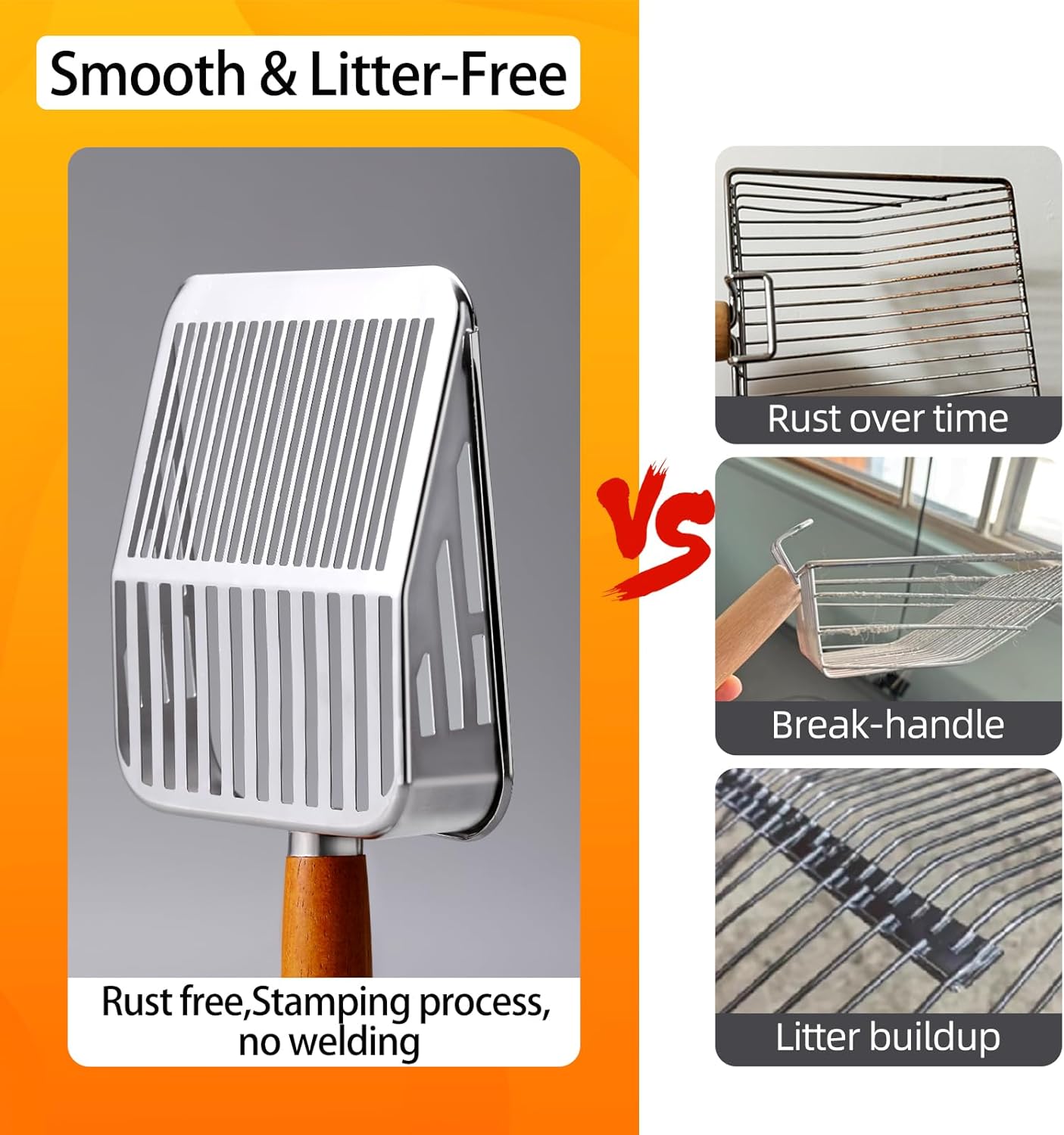 304 Stainless Steel Cat Litter Scoop, One-Piece Pressed Design with No Weld Spots, Durable Anti-Break Handle, Dual Slot Sizes, Easy to Clean, Filters Small Litter Clumps Litter Scoop