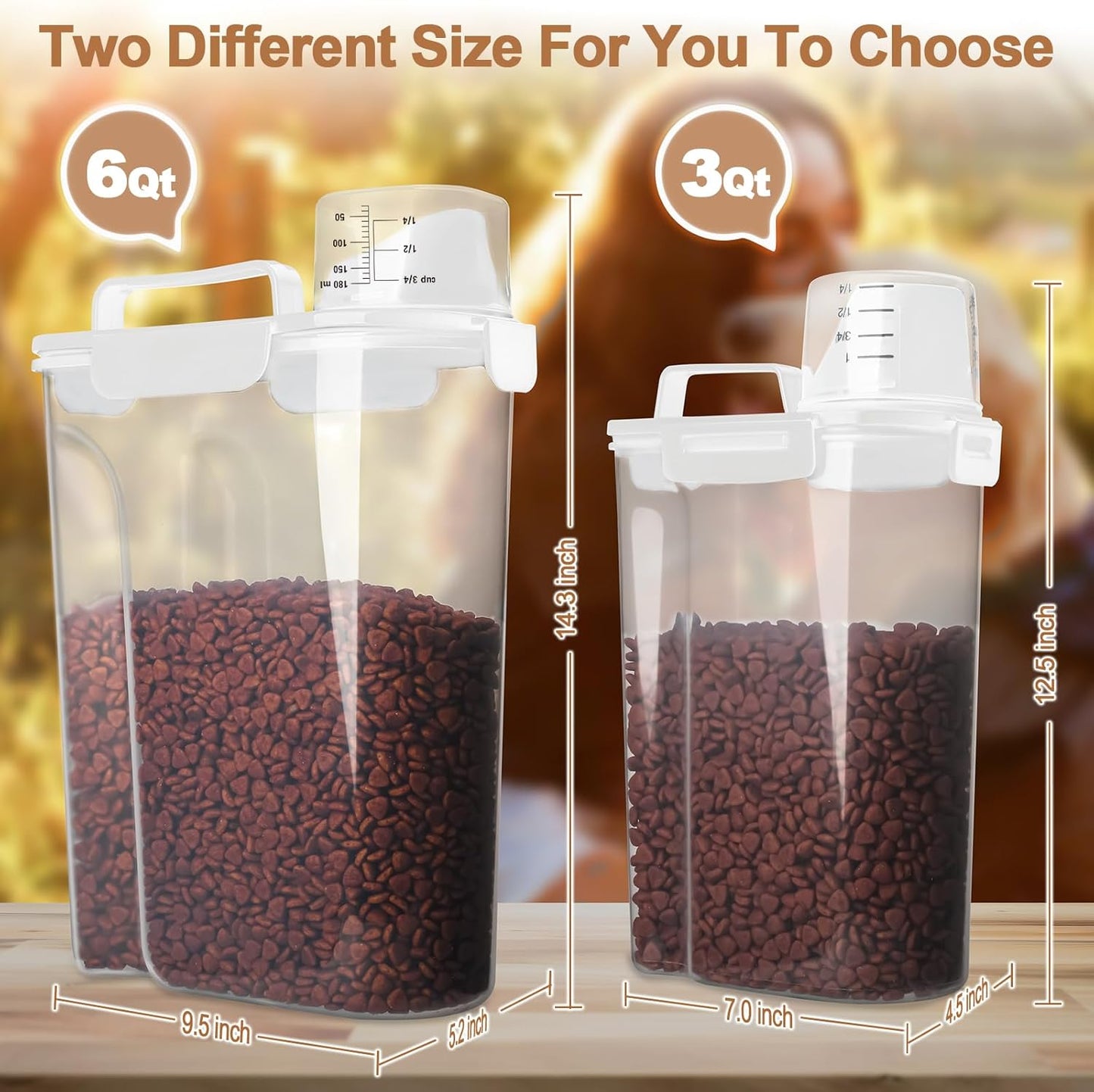 Dog Food Storage Container, 5-7 Lbs Airtight Pet Food Container, Cat food Container Dispenser with Portable Handle, Pouring Spout, Measuring Cup and a Collapsible bowl for Dogs Cats White/6Qt