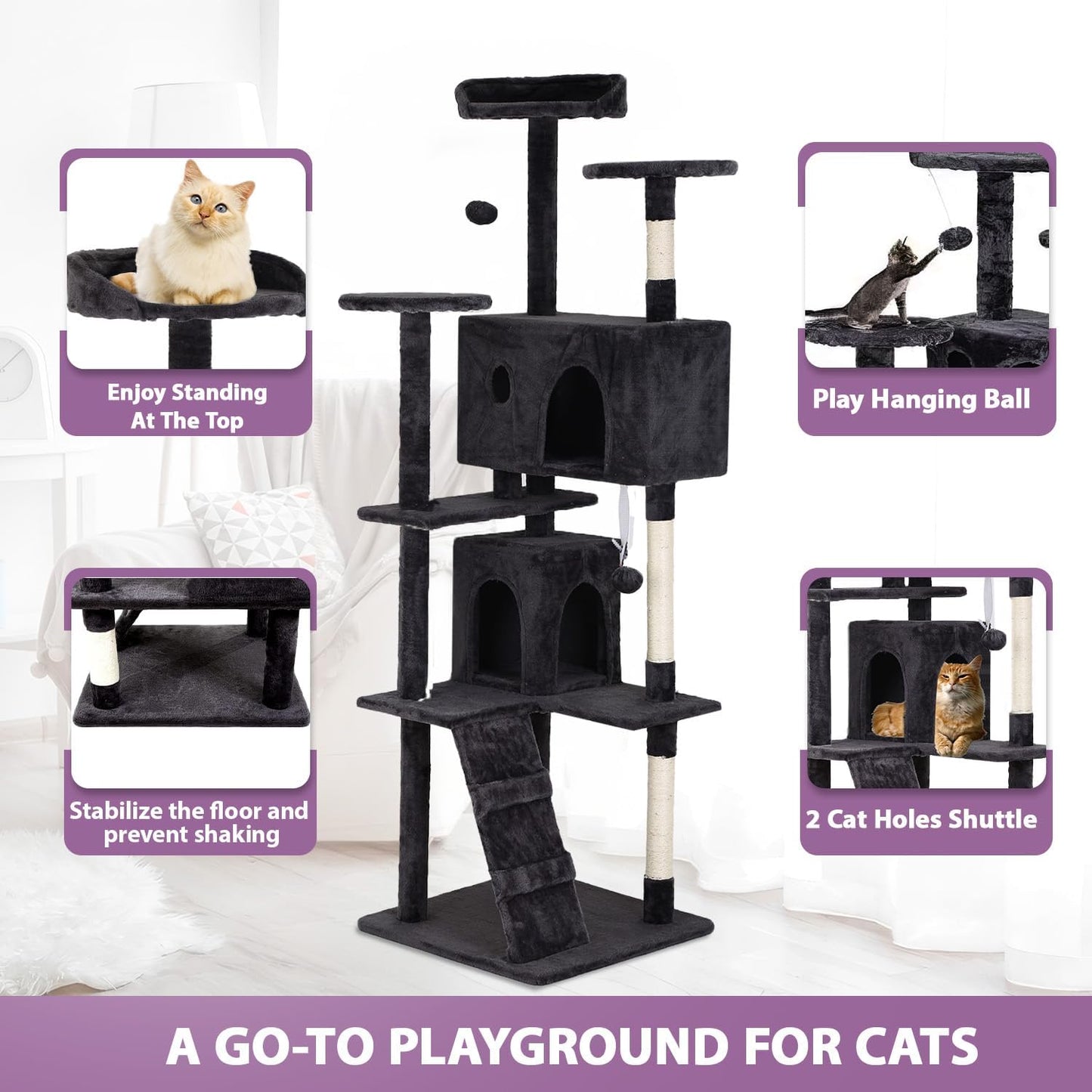 70 inches Cat Tower for Indoor Cats Multi-Level Cat Condos for XL Cat Tree Cat Climbing Tower with Scratching Posts, Hanging Toys,Dark Gray