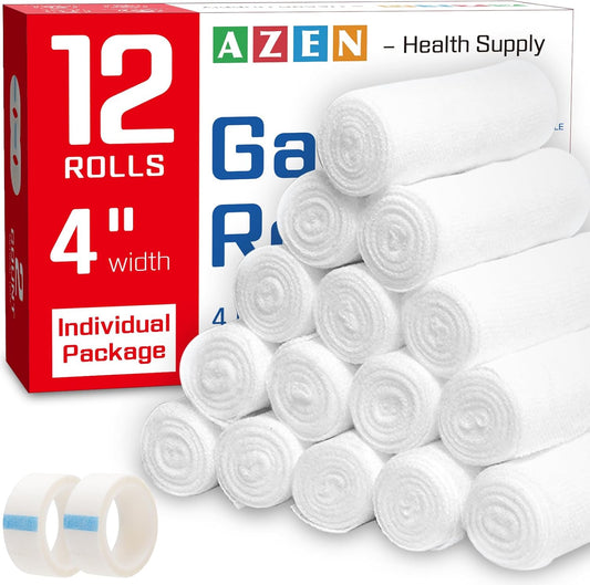 AZEN 12 Pack Gauze Rolls Bandages, 4 in x 4.1 Yards, Premium Medical Supplies & First Aid Supplies, Bandage Wrap Vet Wrap, Mummy Wraps