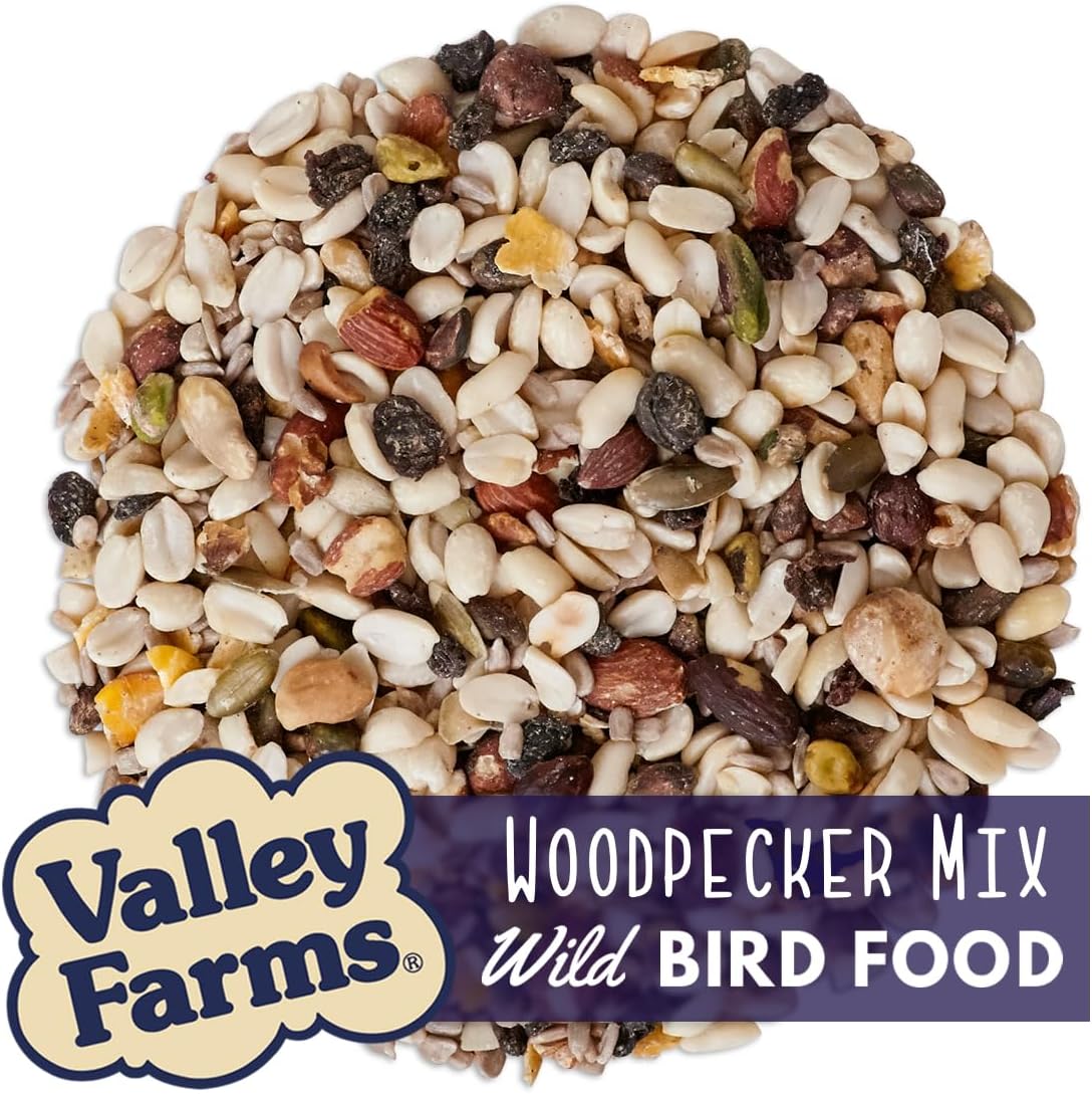 Valley Farms Woodpecker Mix, No Mess Bird Seed for Outdoor Feeders, W/Peanuts and Sunflower Hearts for Birds, Woodpecker Food, Attract All Bird Species (4 LBS)