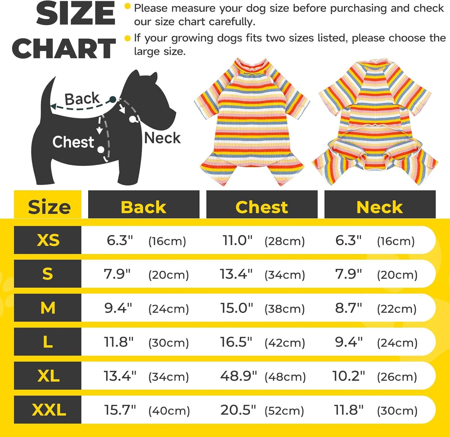 BAEJMJK Striped Dog Pajamas Stretchy Cute Four-Legged Boy Girl Dog Clothes with Sleeves Comfortable Dogs Jumpsuit Colorful Pet Puppy Outfits Apparel for Small Medium Dogs Cats (Yellow,Large)