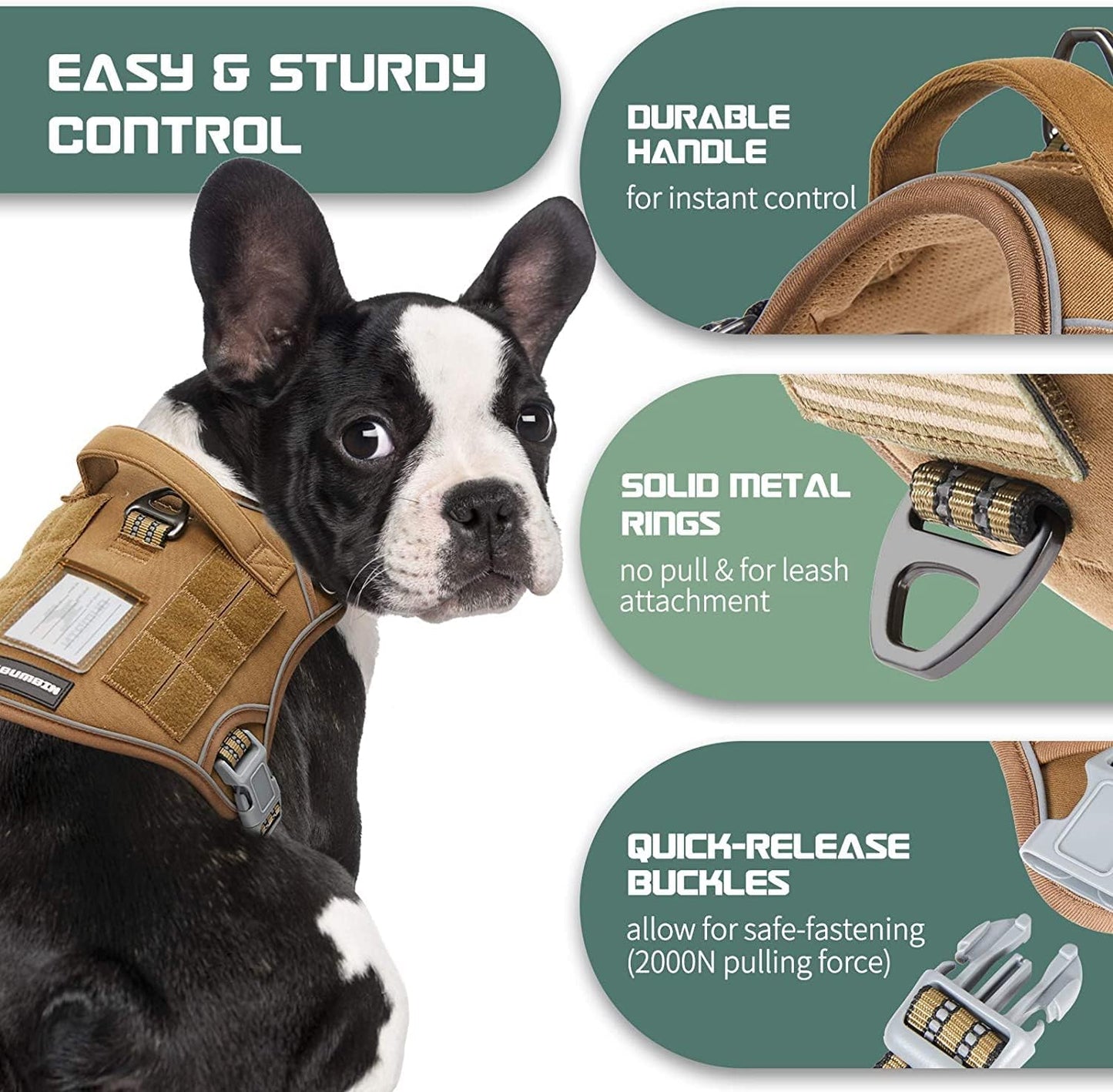 BUMBIN Dog Harness, Tactical XS, Brown, No Pull, Adjustable, Reflective, Soft Cotton, for Small Dogs Training, Fit Smart