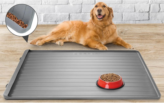 Dog Mat for Food and Water - 39.4" x 27" Large Pet Feeding Mats with Residue Collection Pocket - Waterproof Dog Cat Bowl Mat with High Edges to Prevent Water and Food Spills (Light Grey)