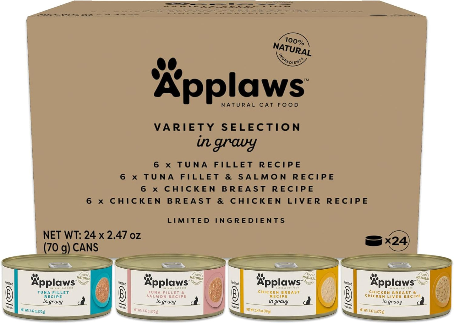 Applaws Natural Wet Cat Food in Gravy, Limited Ingredient Canned Wet Cat Food, No Additives, Made with Natural Ingredients, Variety Selection in Gravy Cans (24 x 2.47oz Cans)
