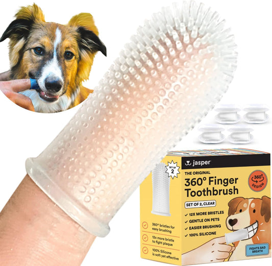 Jasper Dog Toothbrush, 360 Dog Tooth Brushing Kit, Finger Toothbrush, Cat Tooth Brush, Teeth Cleaning, Pet Tooth Brush for Small & Large Pets, Pet Toothpaste Not Included, 4-Pack Clear