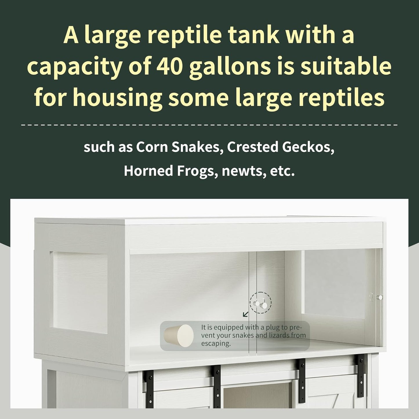40 Gallon Reptile Terrarium with Stand, Reptile Tank with Barn Door and Storage, Vivarium with Acrylic Doors, Ventilated Mesh Top & Power Outlet, for Geckos, Lizards, Snakes White PX06RTW