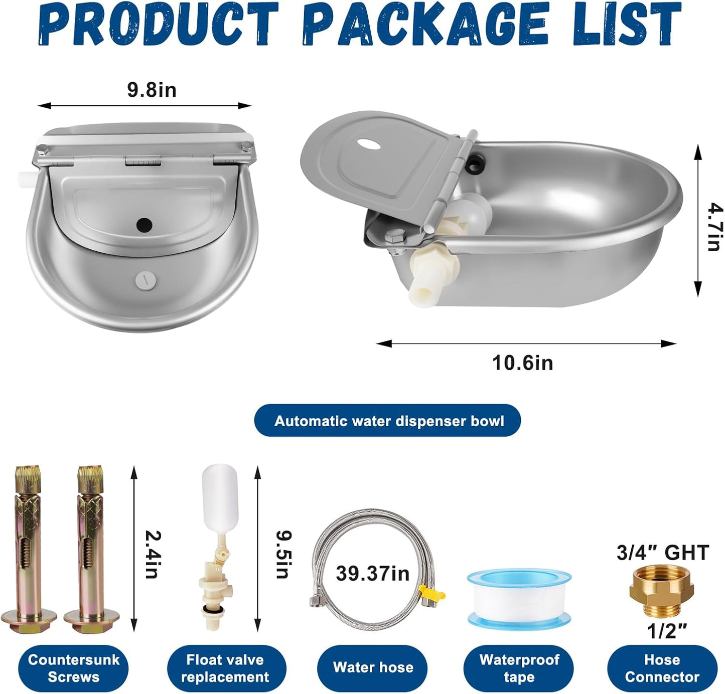 Automatic Water Dispenser for Dogs, Auto Dog Waterer for Outdoor, Stainless Steel Water Bowl Dispenser for Livestock Waterer,Chicken Water System, Dog Water Bowl Fit 3/4'' GHT Faucet