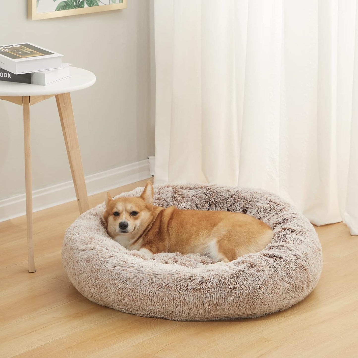 Bedfolks Calming Donut Dog Bed - 30" Round Plush for Medium Dogs, Anti-Anxiety, Machine Washable (Brown, Medium)