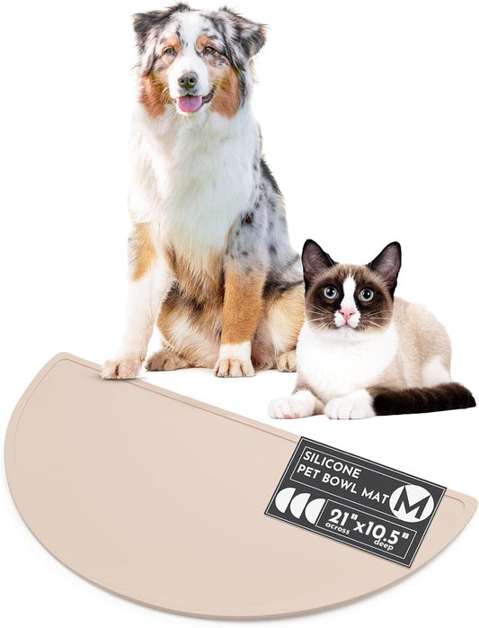 Waterproof Silicone Pet Food Mat - Non-Slip, Spill-Proof Feeding Mats for Floors, Raised Edge Design, Easy-to-Clean Mat for Dog & Cat Bowls, 21" Across x 10.5" Deep, Medium-Natural Sand