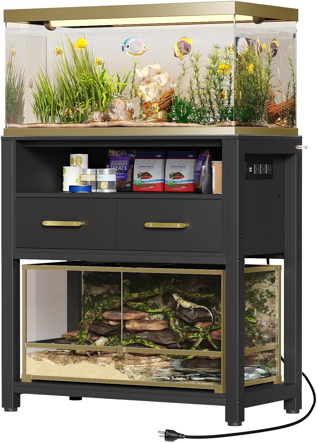 20-29 Gallon Aquarium Stand with Power Outlet & 2 Storage Drawers, Heavy Duty Metal Frame Fish Tank Stand with Waterproof Mat, 30.7" L*15.7" W Tabletop, 550LBS Capacity, Black