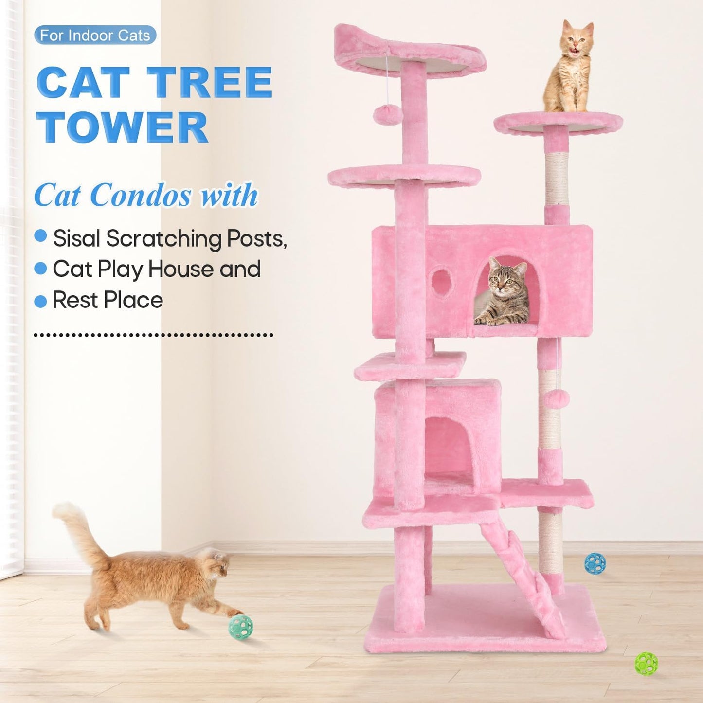FDW Cat Tree 54in Cat Tower Multi-Level Durable Cat Scratching Post & Cozy Fun Cat Jumping Platform Space Saving Cat Condo Pet Play House for Indoor Cats,Pink