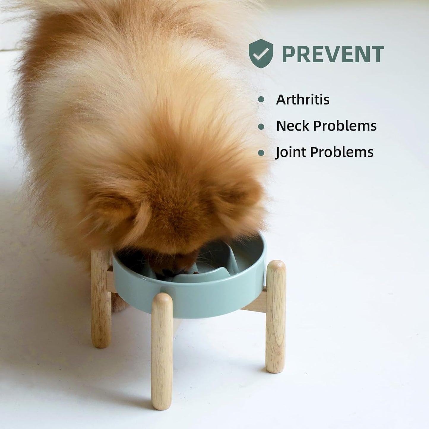 6.1inch Ceramic Raised Slow Feeder Dog Bowl Set, Elevated Wooden Stand for Small Dog and Cat, Puzzle Slow Dish, Preventing Choking(Light Green, Single Bowl+ Stand)
