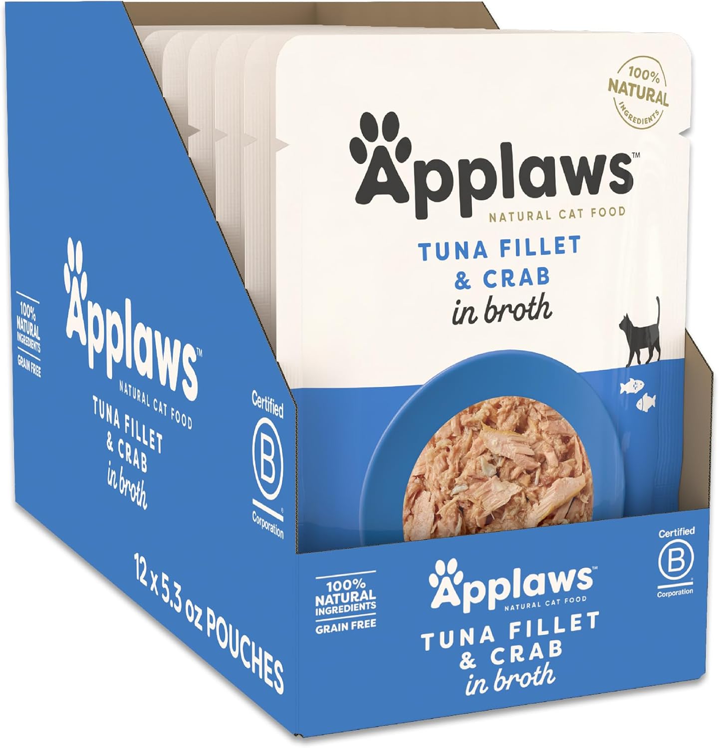 Applaws Natural Wet Cat Food in Broth, Limited Ingredient Wet Cat Food Pouches, No Additives, Made with Natural Ingredients, Tuna Fillet with Crab in Broth (12 x 5.3oz Pouches)