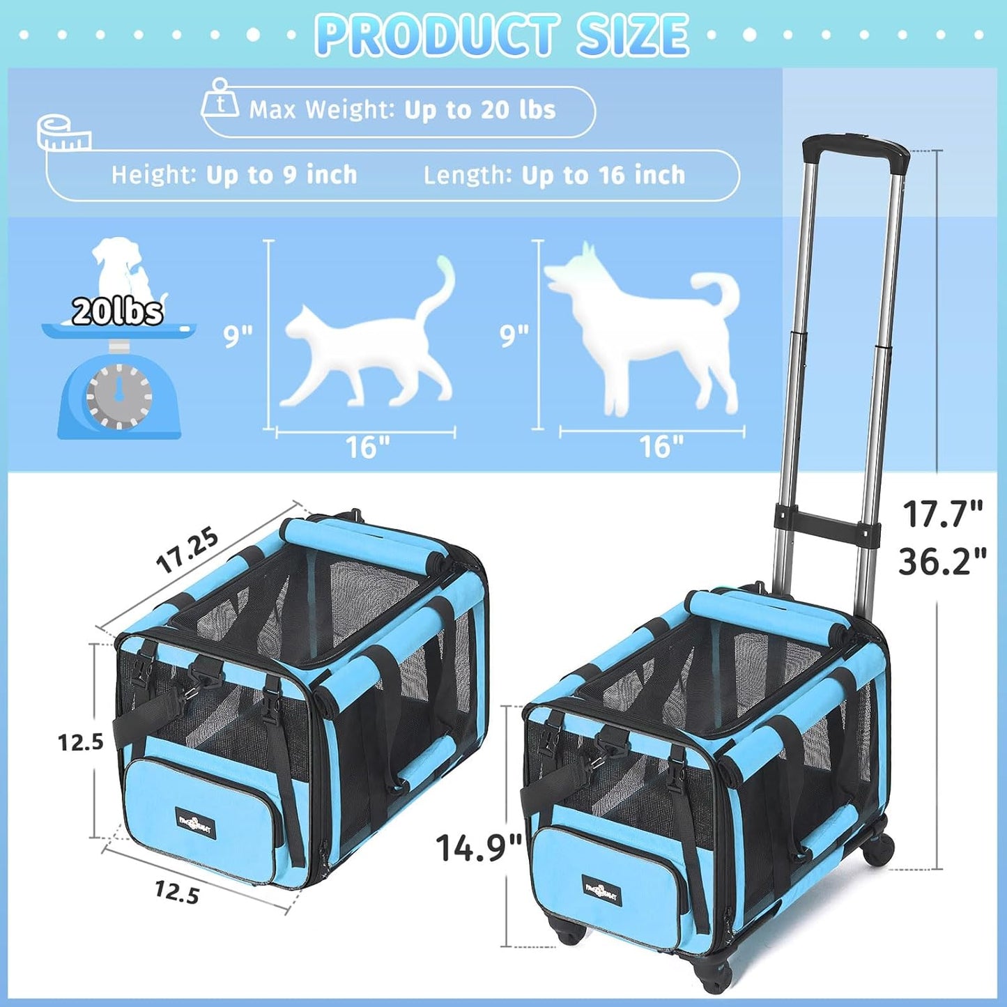 Pet Carrier with Wheels, Durable Airline Approved Cat Crate, Foldable Rolling Dog Carrier, Cat Rolling Bag for Cat &Dog, Use for Travel, Outdoor, Vet Visits, Camping, Indoor. Blue.