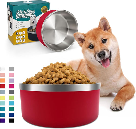 IKITCHEN Dog Bowl for Food and Water, 40 Oz Stainless Steel Pet Feeding Bowl, Durable Non-Skid Double Wall Insulated Heavy Duty with Rubber Bottom for Medium Large Dogs (40 Ounces/5 Cup, Red)