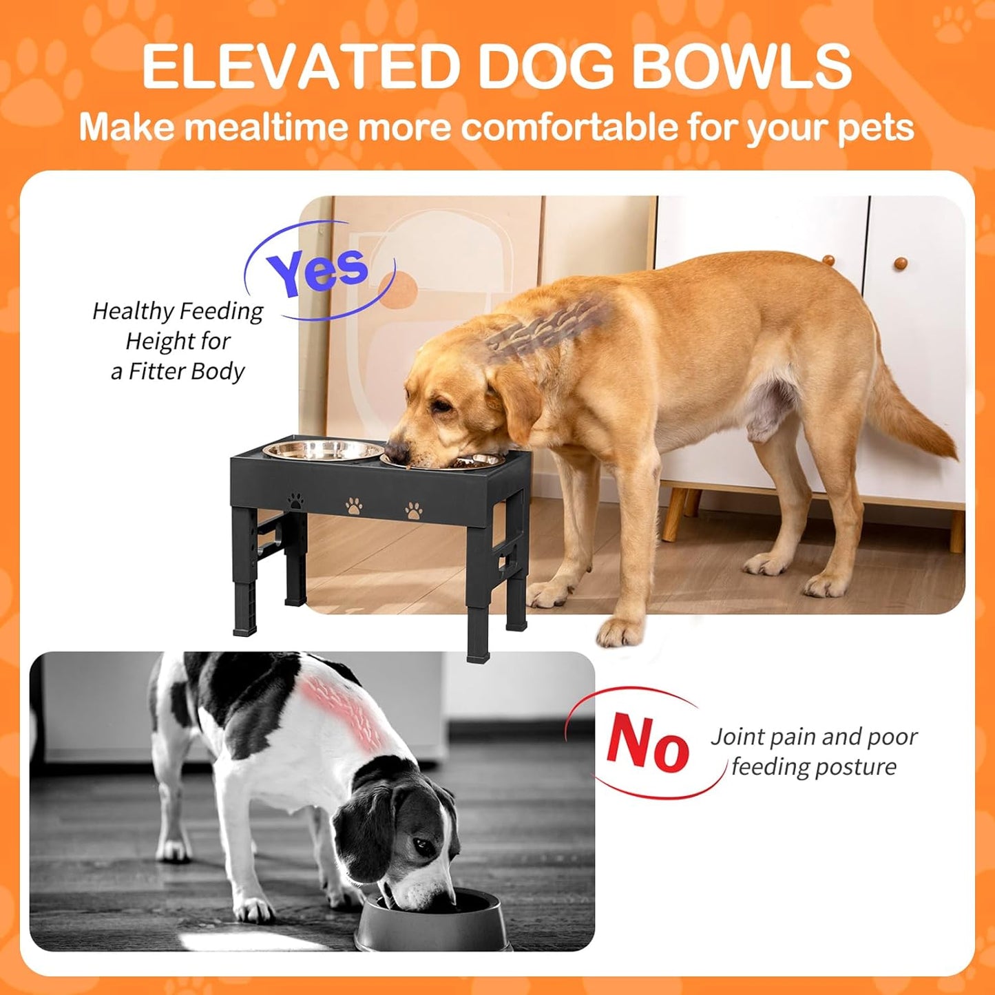 Elevated Dog Bowls with Mat, Raised Dog Food Bowl Stand with 2 Stainless Steel Bowls, 5 Height Adjustable (3.1", 9", 10", 11", 12") Non-Slip Feeder Set for Medium and Large Dogs – Black