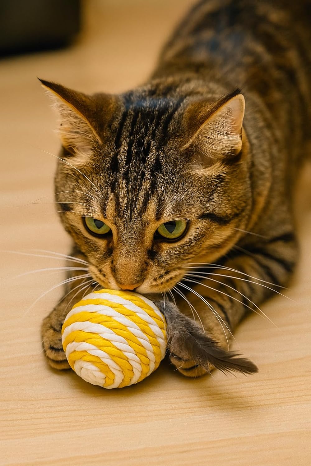 Ball for cat with Feathers - Balls for Cats – Natural Toy for Indoor Cats – Eco-Friendly, Durable, Interactive Play Balls for Kittens – Pet-Safe Chew & Scratch Toys (Yellow)
