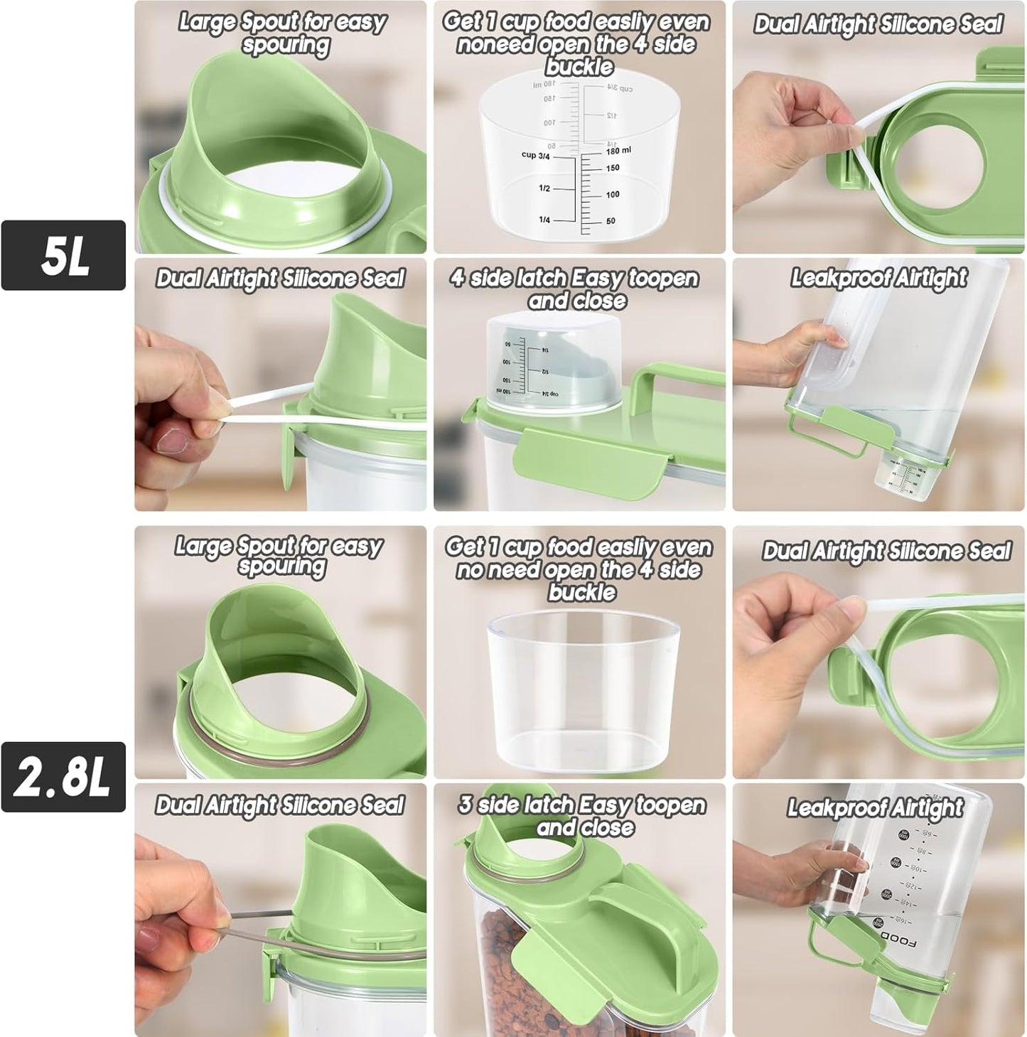 8-12 LBS Cat Dog Pet Food Storage Container, Plastic Dispenser Upgraded Large Nozzle, BPA-free, With Sealed Clasps, Measuring Cup and Handle, Easy to Clean and Carry -2 Packs Leaf Green