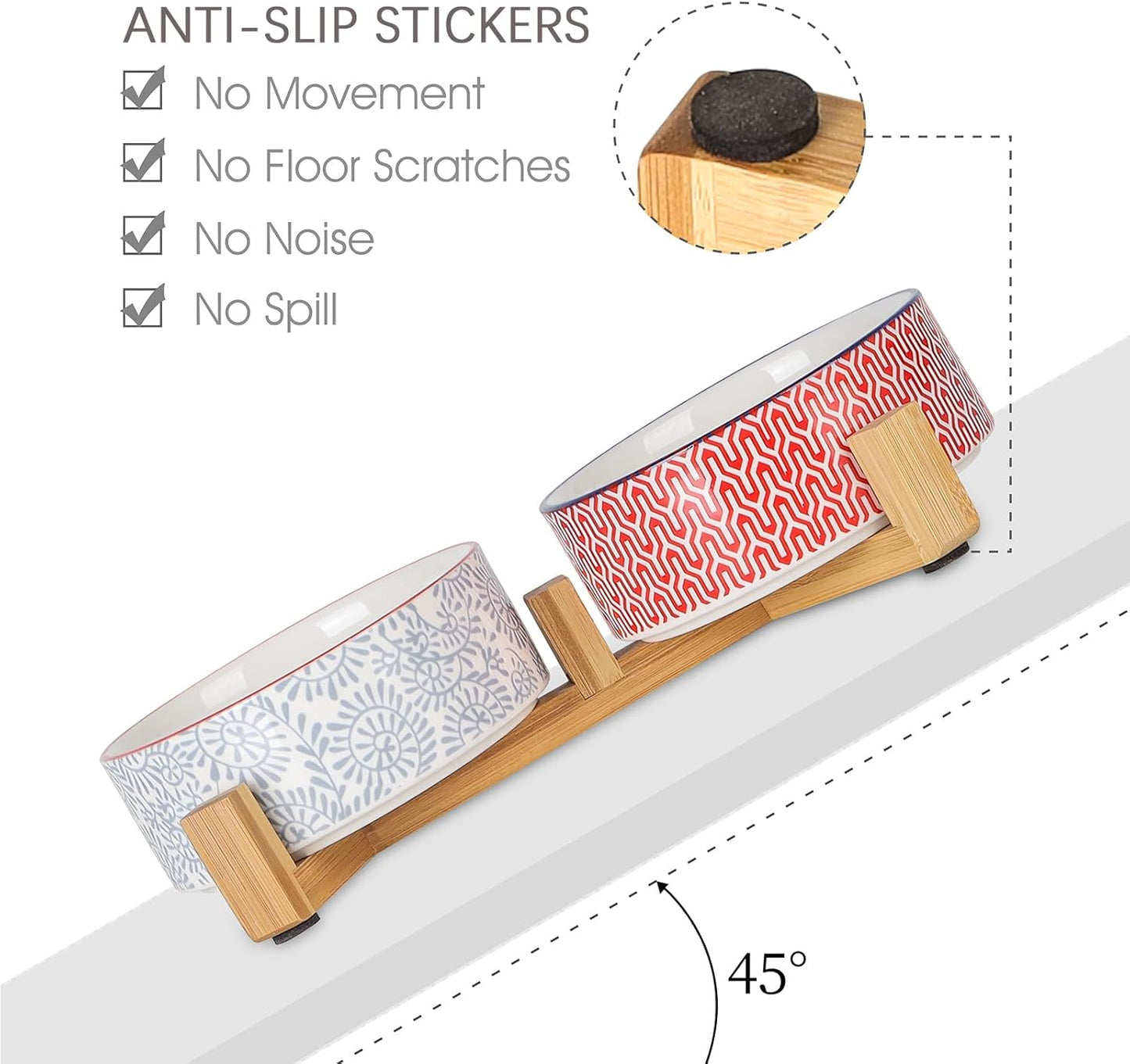 Selamica Ceramic 30 OZ Dog Bowls, Dog Food and Water Bowls with Wooden Stand, Anti-Slip Dog Dishes Set for Cats Small & Medium Sized Dogs, Weighted Pet Bowls Set of 2, Assorted Colors B