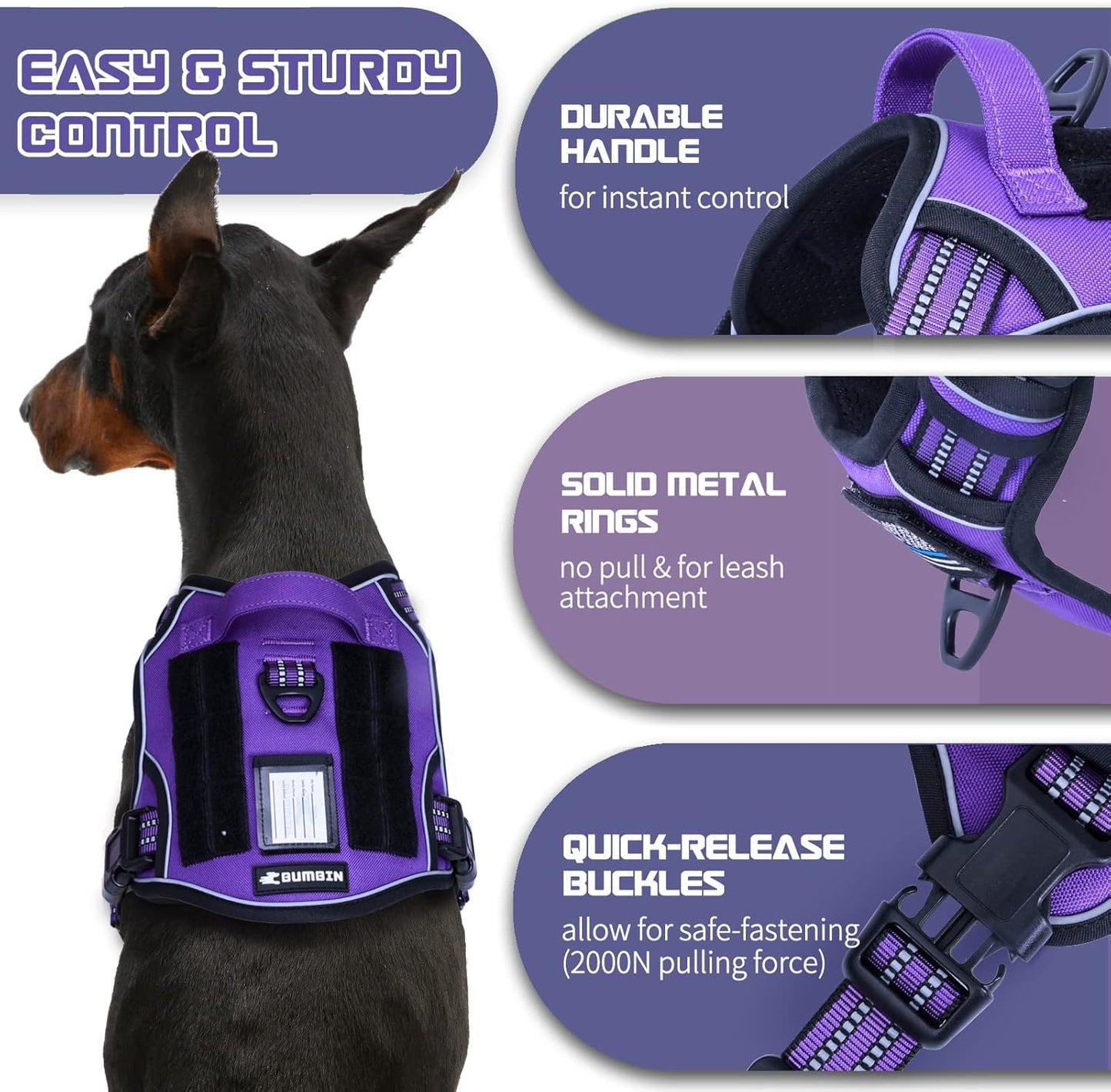BUMBIN Tactical Dog Harness for Large Dogs No Pull, Famous TIK Tok No Pull Puppy Harness, Fit Smart Reflective Pet Walking Harness for Training, Adjustable Dog Vest Harness with Handle Purple XL