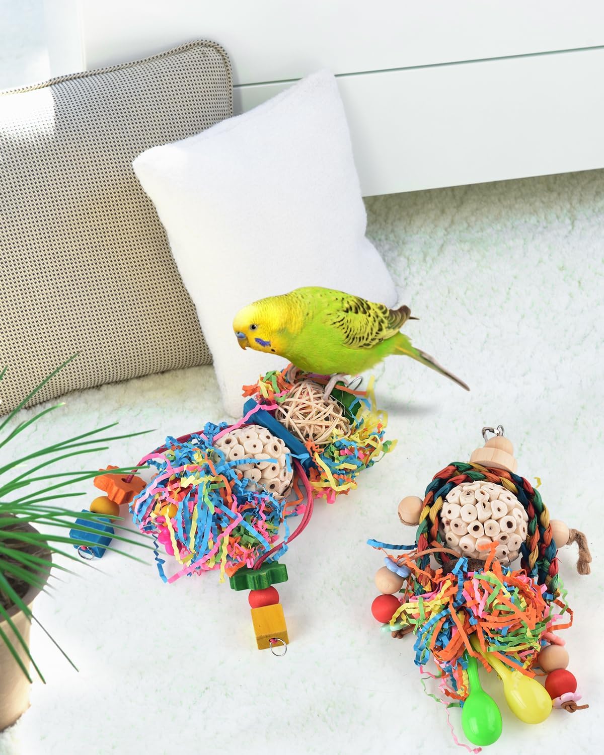 Bissap Conure Toys, 4 PCS Parrot Foraging Shredder Hanging Toys Sola Balls with Sand Hammer Perch Swing Climbing for Small Parrots Parakeets Conures Cockatiels Love Birds Cage Toy